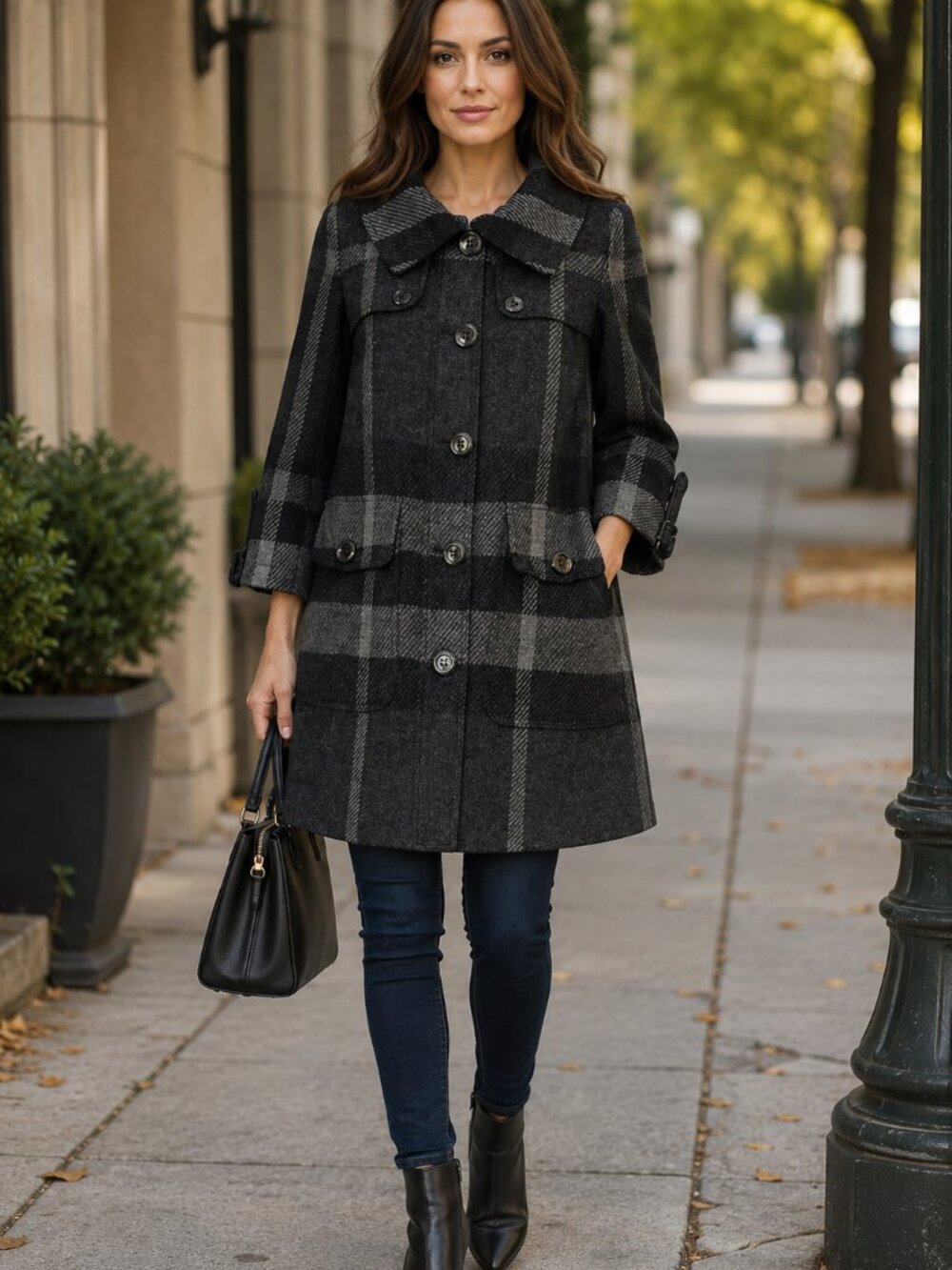 Burberry London Wool Plaid A-Line Swing Coat Gray Black Stand Collar